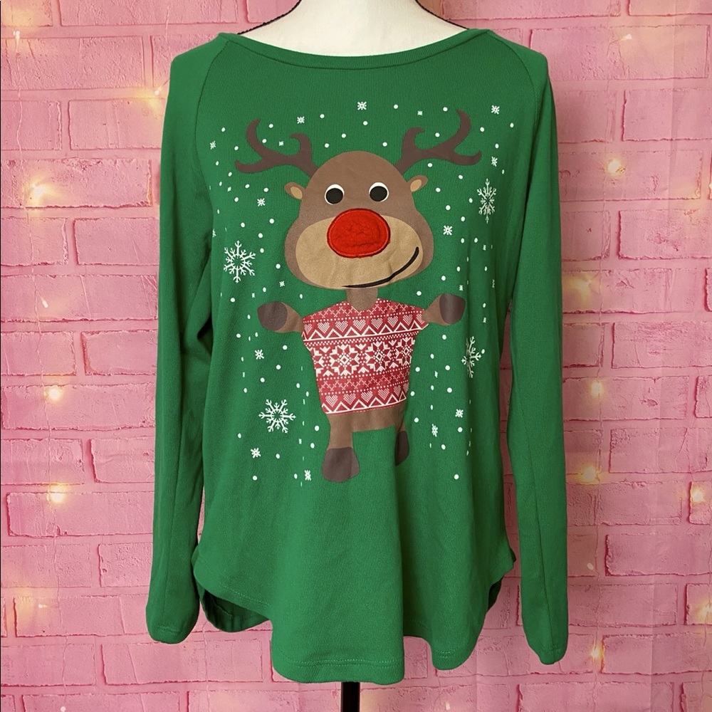 Green Christmas Sweater Red nose reindeer